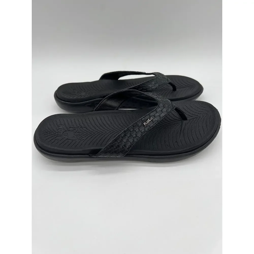 KuaiLu Flip Flops Sandals Mens 11 Black Leather Sport Orthotic Thong Support